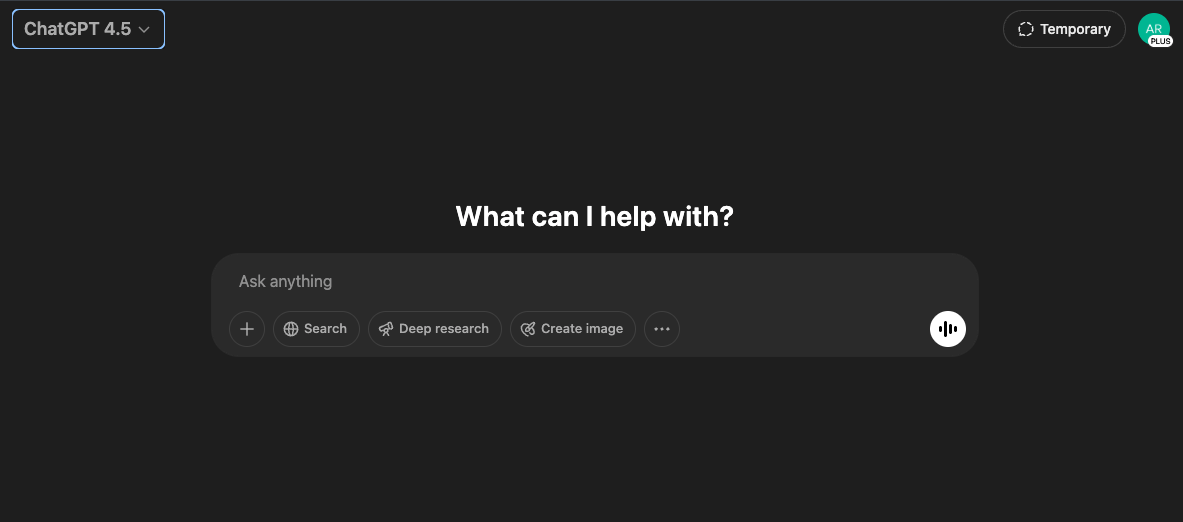 Screenshot of ChatGPT 4.5 Homepage